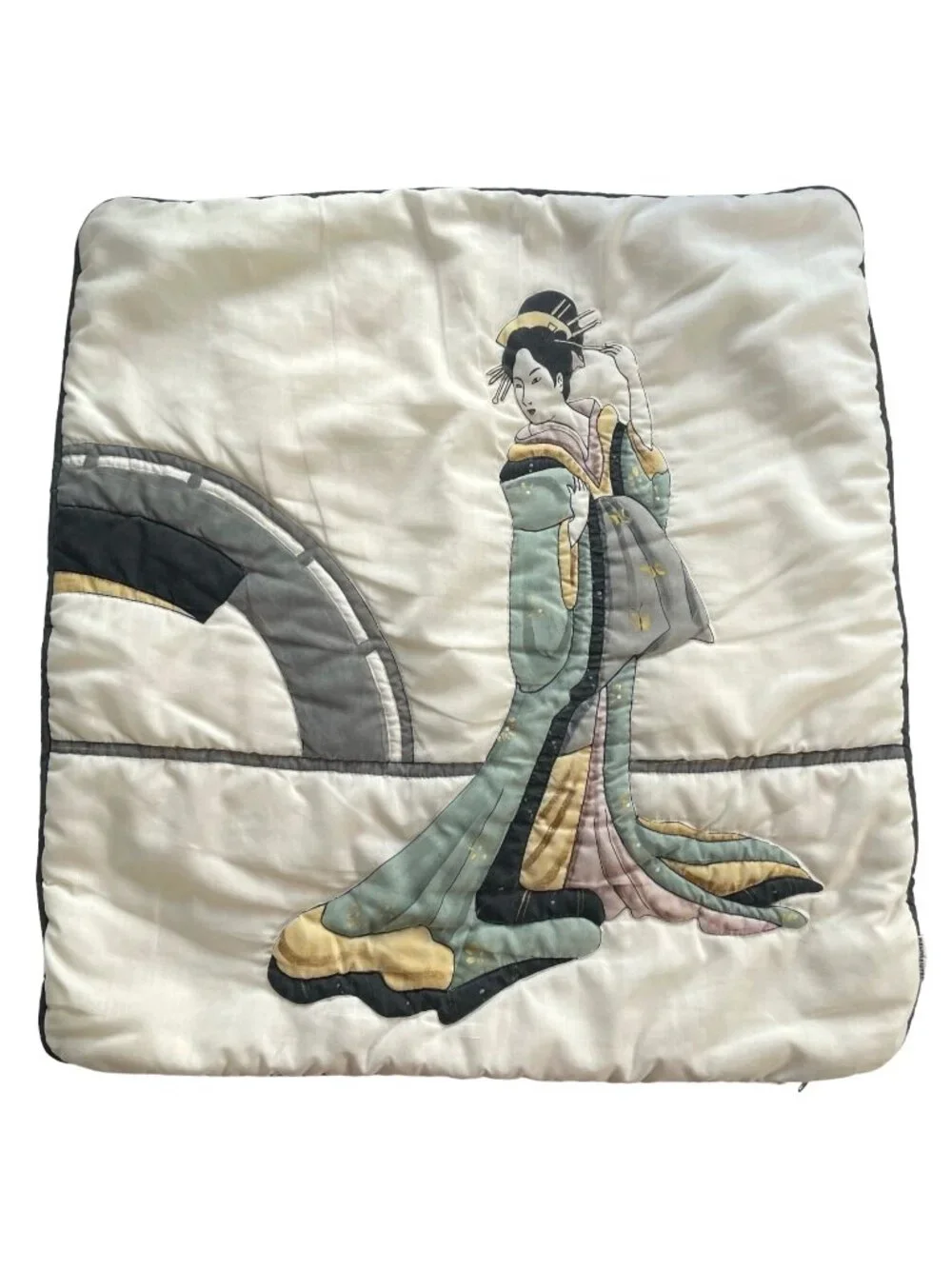 Vintage Handpainted Quilted Bijin-ga Japanese Geisha Scenic Throw Pillow Cover